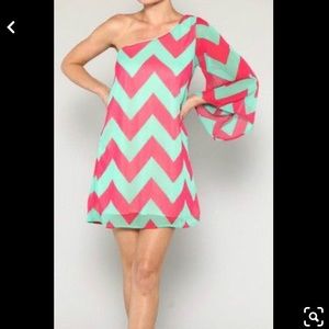 Auditions, half shoulder pink green party dress